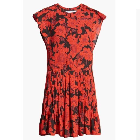 Rebecca Minkoff Fit Flare Mini Dress Large Red Short Sleeve Floral Pleat Ruffle - Picture 8 of 8